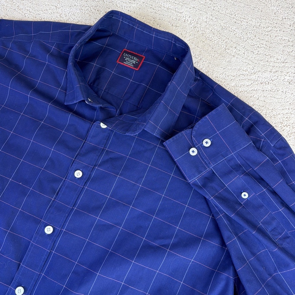 Men's UNCTUCKit 3XL Long Sleeve Blue Plaid‎ Button Shirt Cotton